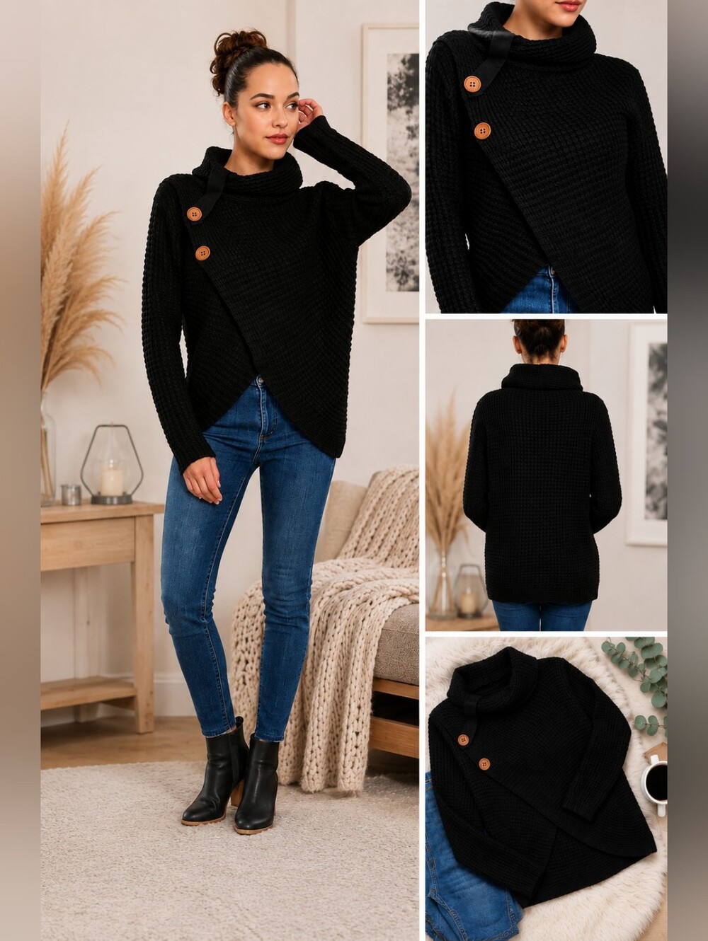 Zenana Wrap Asymmetrical Hem Sweater | Black | Wood Button Cowl Neck
